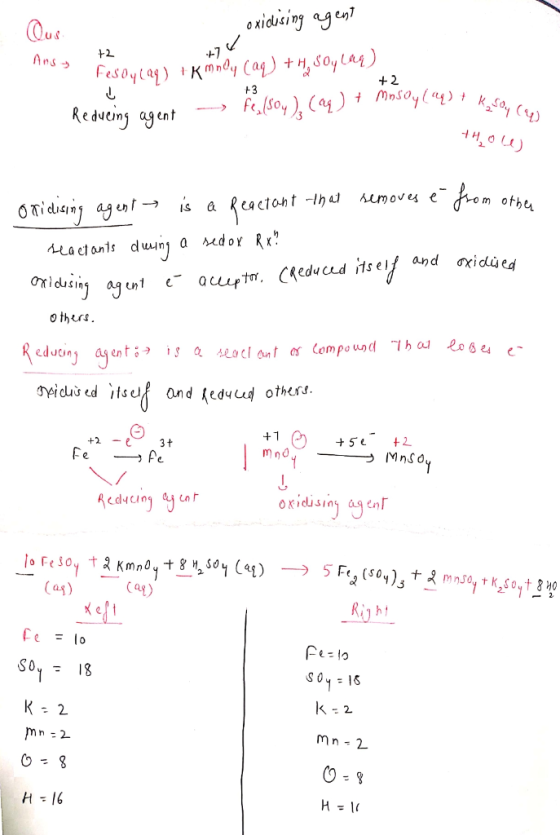 oxidising agent Anus * ... - Qus. +2 Fesny(29) +kmny (aq- +3 Reduung agent FesOylay 1) + +2 masoy (aq) + k so 4) + K, Soy (aq