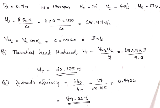 Dq = o.frg N = 1800 rpm X, GO Y = Cools by = 17m. U₂0 D₂N Ox0.x 1800 65.970ls co co Vw = k ceska 3 m/s 6x cos 60 (a) Theoreti