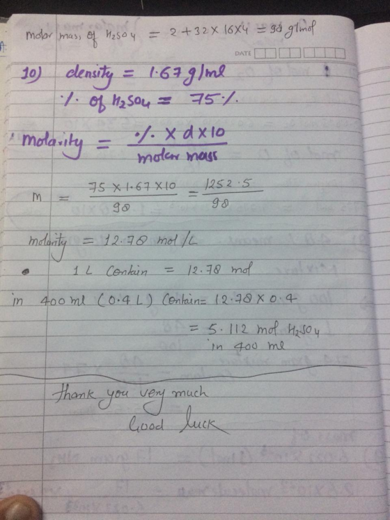 molar mass of 25oy = 2 + 2x 16x4 = id glanol DATEID 10) density = 1.67 g/me. l of H₂500 = 75.1. molavity = fx dx lo moler mas
