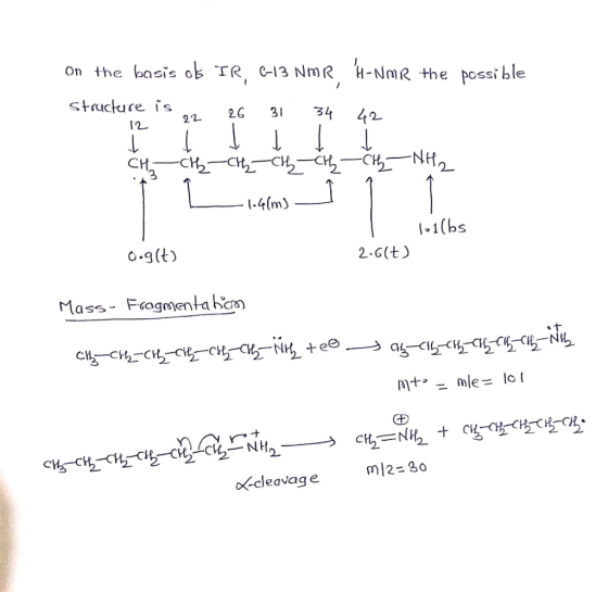 On the basis ob TR, G13 NmR H-NmR+he possible structure is 26 31 34 22 42 12 Ch сh сh,— сH, — си NHp CH 1-4(m) -1(bs O-g(t) 2