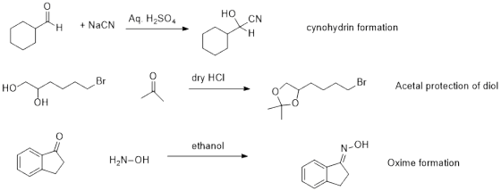 HỌ CN H NaCN Aq H2SO cynohydrin formation dry HCI Br HO Acetal protection of diol OH ethanol N-OH H2N-OH Oxime formation