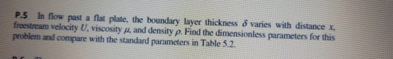 P.5 In flow past a flat plate, the boundary layer thickness δ varies with distance freestream velocity U, viscosity p, and density p. Find the dimensionless parameters for this problem and compare with the standard parameters in Table 5.2