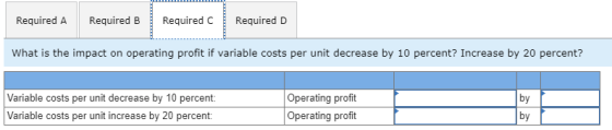 Required A Required B Required C Required D What is the impact on operating profit if variable costs per unit decrease by 10