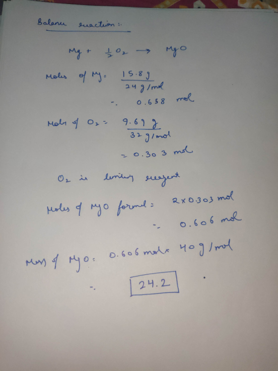 Balancu cuaction : Mg + t Moles of my rgo 15.89 24 g/mol - 0.658 mol Mole of O₂ = 9.69 g 32 g/mol = 0.30 3 mol O₂ is lunting
