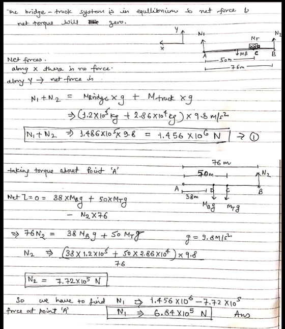 equilibrium so net force & The bridge - truck system is in net torque will be zero. Mr on Man -76m- Net forces. along x there