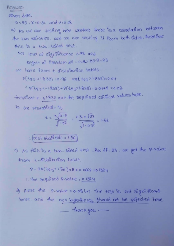Answer: Given data, n-25, 80.31. and a=0.08 a) As we are testing here whether there is a correlation between the two variable