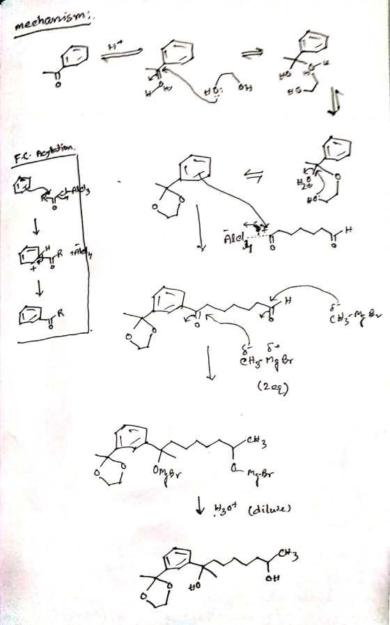 mechanism, F.e- Acylation, EH CH₂ Me Bar go etz Mq Br (229) d zot (diture)
