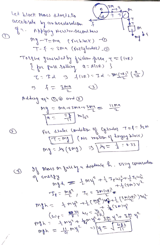 n Let blick Mass starts to accelerate by an acceleration a f ga. Applying Newtondecond law (пр. -Т= mg (fter ) - T-faima (for