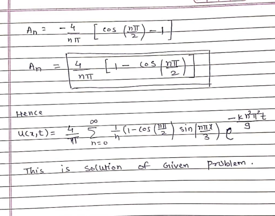 An ? - [cos (PIT) -H NT An 24 H-los (nI) MT Hence -knit ucu,t)= 5 (1-сos () sin pres) e had This is solution of Given problem