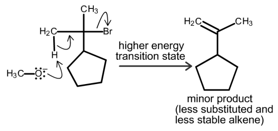 This image shows the three curved arrows for the E 2 limination. The primary proton is removed from one of the methyl substituents, a new alkene is formed and the bromine is kicked off. The disubstituted alkene is a minor product since it is less substituted and less stable.