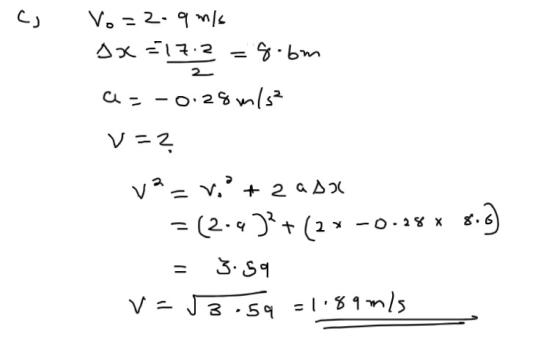 cs Vo=2.9 m/s DX =17:2 g.bm a=-0.28 m/s² V=? 8.3) va = v. + 2 asal (2-4)? + (2x -0.28 x 3.59 V = J 3.59 -1.89 m/s =