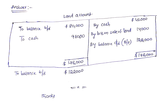 Answer:- Land account $ 42000 $ 80,000 By cash To balance old To cash 98000 By loss on sale of land 14.000 By balance old (Bl