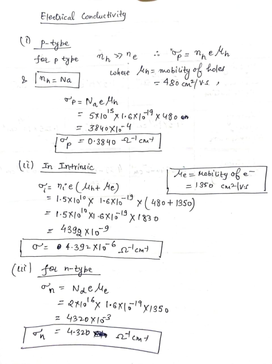 Electrical Conductivity (op-type for p type nh : p=neun & » ne where len= mobility of holes Mn = Na 480 cm2/v.s. op= Nae Mn =