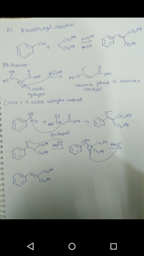 B3 Knoeven azel reaction Naom -> come CHO CO,me CO,me Me chamism: Naome me-o acidic Carbanion fomed B reson an ce stablzia) h