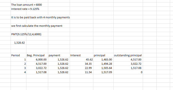The loan amount = 6000 Interest rate = 9.125% It is to be paid back with 4 monthly payments we first calculate the monthly pa