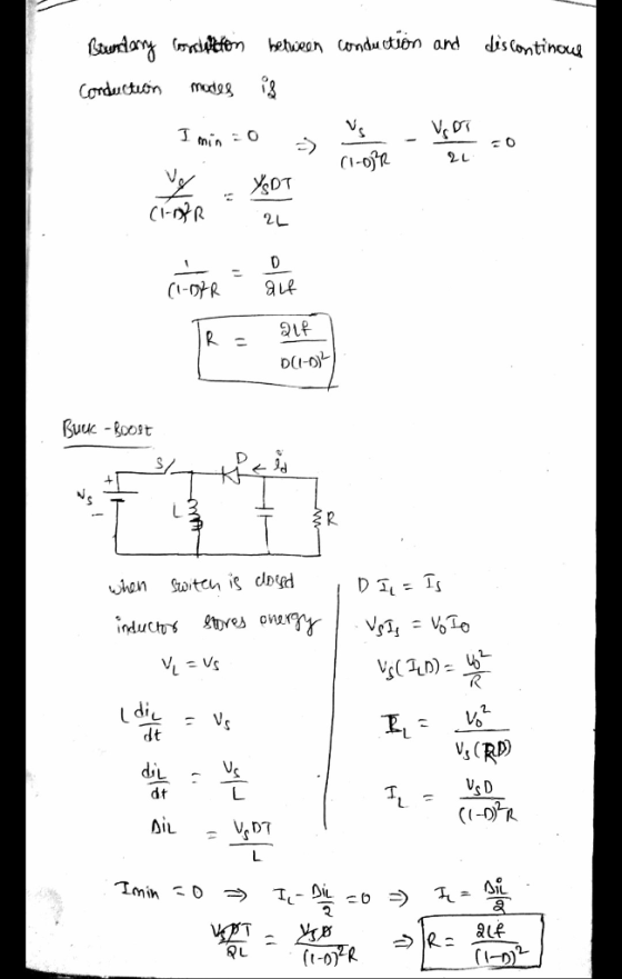 Buntary cornetton Conduction modes I min = between conduction and discontinous is us - Usor to 30 (1-03 2 R = 24 D(1-) Buck -