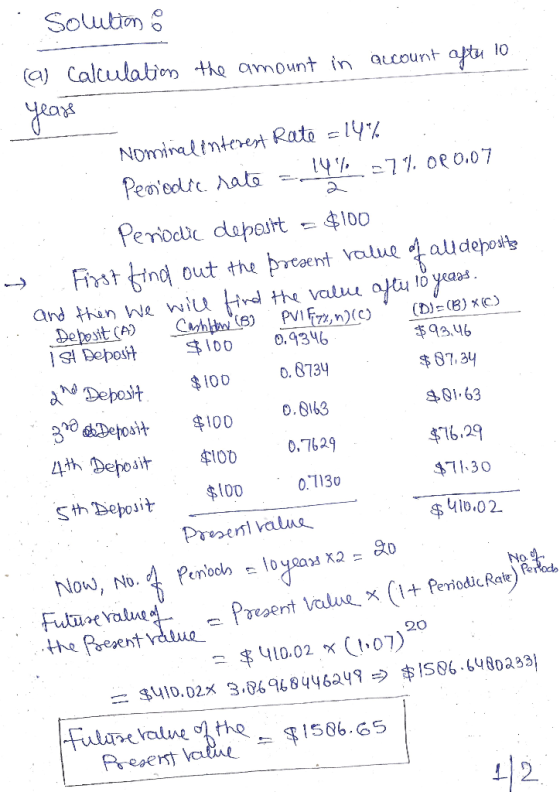 Solution (a) account after 10. calculation the amount in Nominal interest Rate -14% Periodic rate = 14% 27%. OR0.07 2 - $100