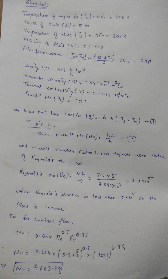 V Giren doto Temperature of engine al (T) = 800 - 353k length of plate (4)=5m. Campesture of plate (Is) = 30c= 300k reity of