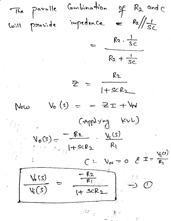 R2 of and The paralle will provide с Combination impedence Rallisce R2. Sc R2 + Sc R2 Z It SCR2 Now Vo (s) ZIT VN (Applying K