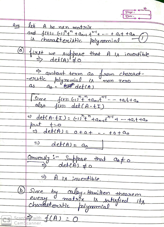 STAR WMO Page : Date : Ang @ first میبیا let A be nxn materis and f(t): + + anal+y. tait to is characteristic polynomial