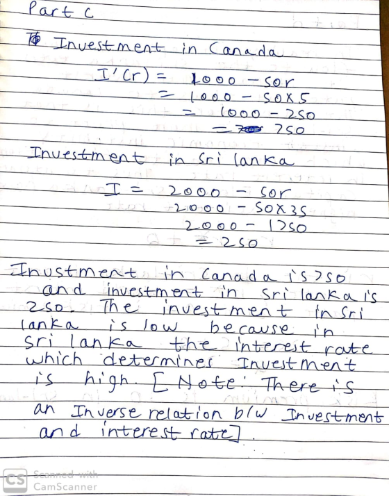Part C o Investment in Canada ICr) = tooo -sor a leoo - Sox 5 E = 1000 - 2 SO 76 250 Investment in sri lanka ANI=22000 - sor