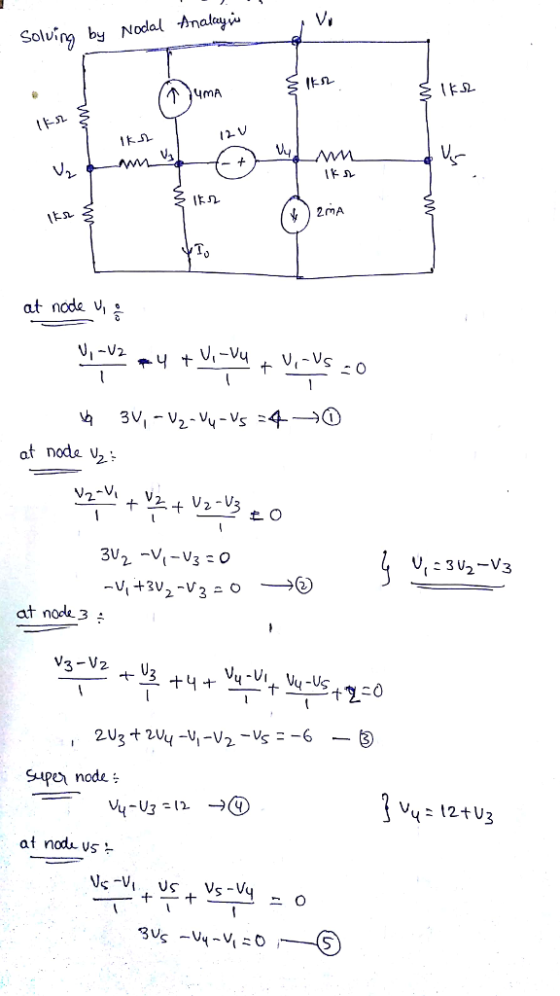 Solving by Nodal no dayu ymA 12V W- 1上 To at noda v2 at noh. 3 node