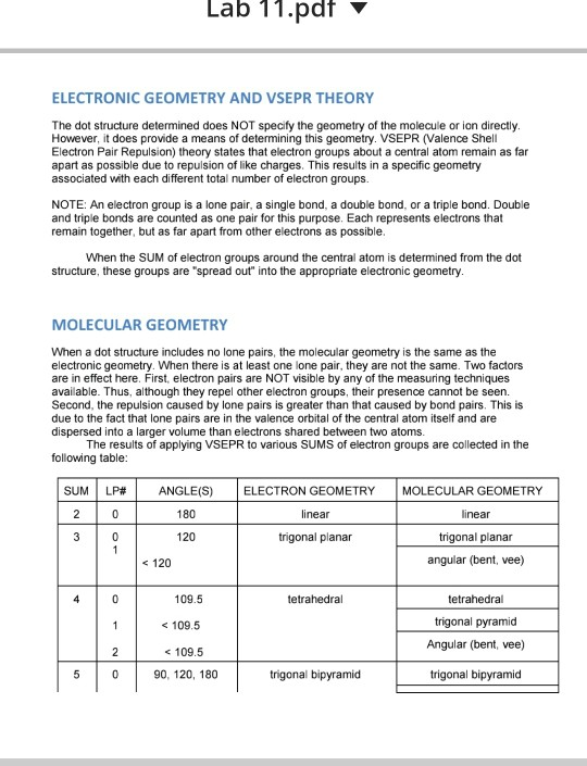 Lab 11.pdf ELECTRONIC GEOMETRY AND VSEPR THEORY The dot structure determined does NOT specify the geometry of the molecule or