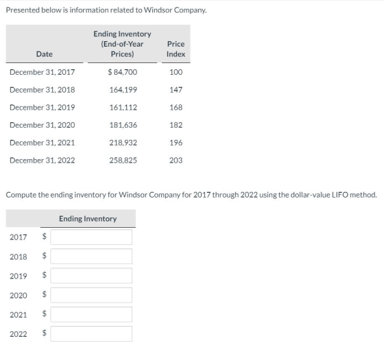 Presented below is information related to Windsor Company. Ending Inventory (End-of-Year Prices) Price Index Date December 31