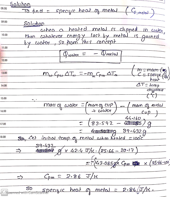 08.00 09.00 - Soluhon To find a specific heat of metal (Cs, metal) Solunon whea a heated metal is dipped in water then whalev