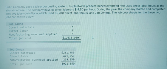 Hahn Company uses a job-order costing system. Its plantwide predetermined overhead rate uses direct labor-hours as the alloca