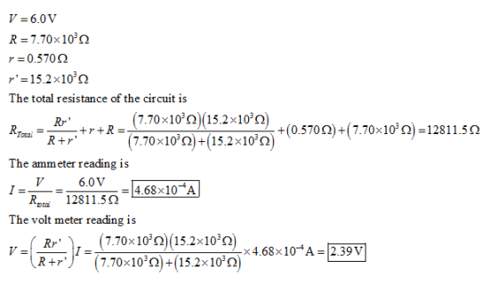 V-6.0 V R -7.70x102 The total resistance of the circuit is Rr (770x103 Ω) 15.2x10%Ω) +(0.5700)-(7.70x10° Ω)-1281 1.5 Ω ) Azam