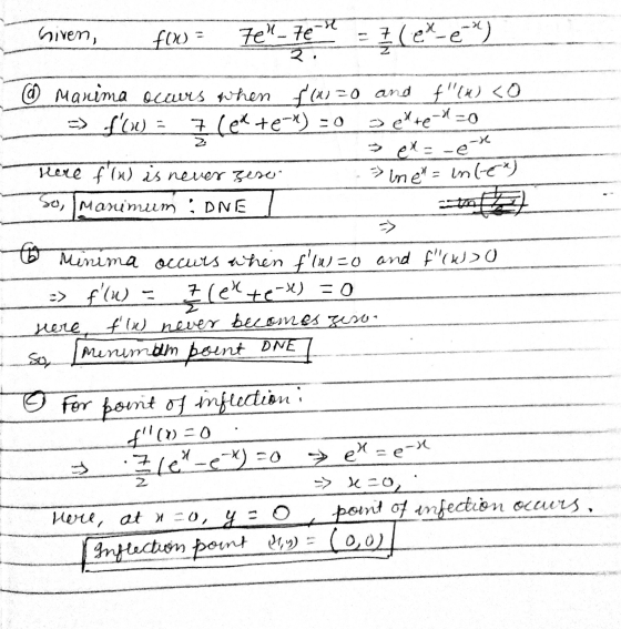 Given, flx) = 7-70 = {(exce) 2. @ Manima occurs when f(X)=0 and fH) <O => [(1) - 7 led te-x) = 0 sette -d=0 >ex=-e Here