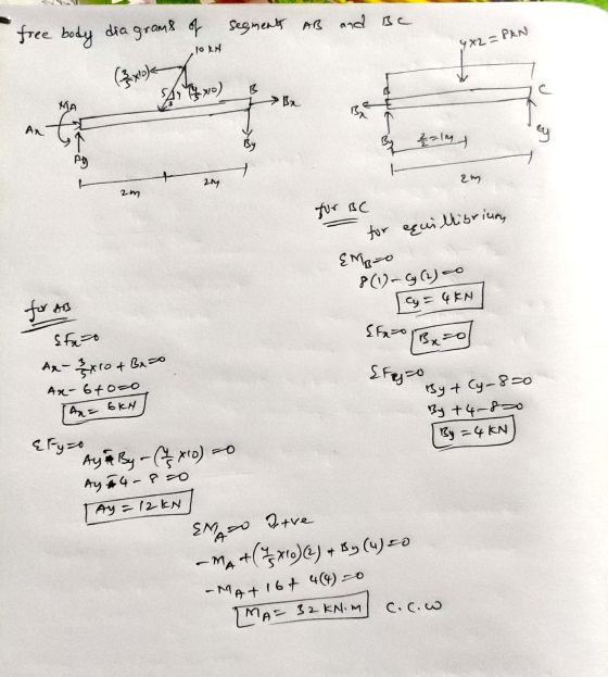 segments AB and Be free body dia grams of TO EN **2 PN (3x) 4*X0) С > An t By ally Pg ary 2m 2m for BC for equilibrium EMB=0