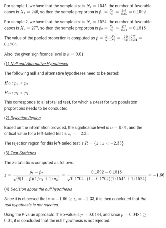 For sample 1, we have that the sample size is N1 = 1545, the number of favorable cases is X1 = 246, so then the sample propor