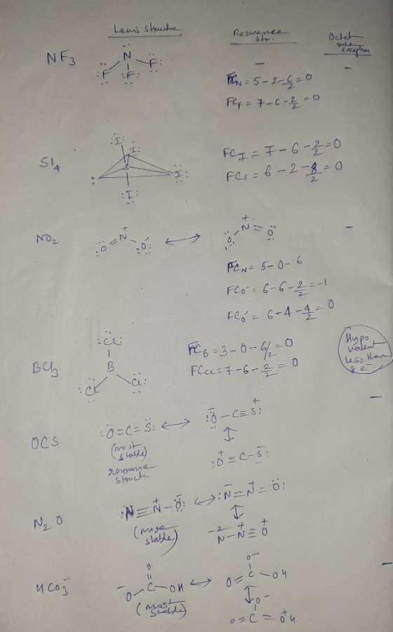 Lewis struche Resonance Ocket que acephon NF3 N Tow = 5-2-6=0 F = 7-6-2 - 0 A: FC I = I-6-2=0 Fes= 6-2-9 = 0 + 2 NO₂ 10: FEN=