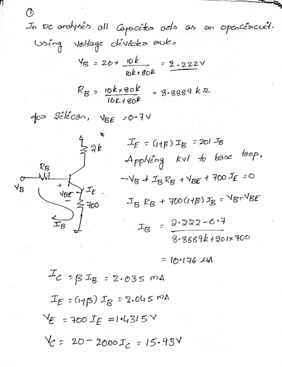 In DC aralysis all Capocitoa ocdo as opencEacud. Csing veltage dévédea suk, 10k tok + 8ok = 20X = 2.222V Rg > 1okx8ok 16k+8ok
