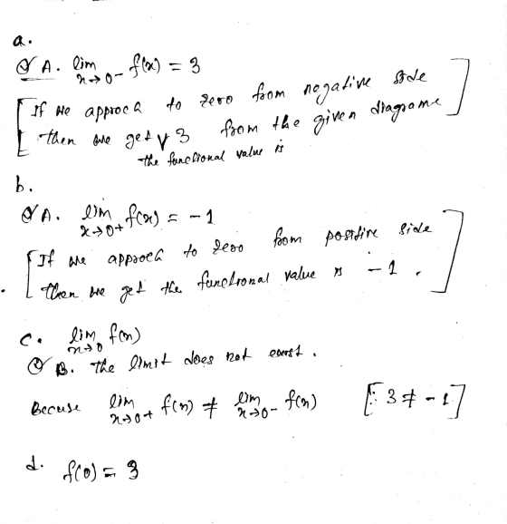 a. & A. lim fla) = 3 If we approca then are gety 3 Gode to zero from negative from the given diagrame the functional value is