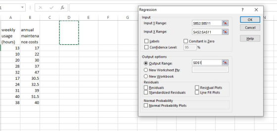 Regression Input Input Y Range: ок | $B$2:$B$11 SA$2:$A$11 Cancel Input X Range: weekly usage (hours) annual maintena nce cos