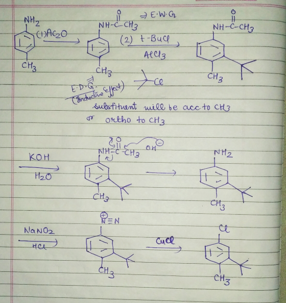 to 1 NH₂ (DAGO NH-C-CH₃ - E.W.G NH-CH3 (2) t-Buch AlCl3 CH₃ -ce CH₃ CH₃ E-D.G. Conductive effect) substituent will be acc to