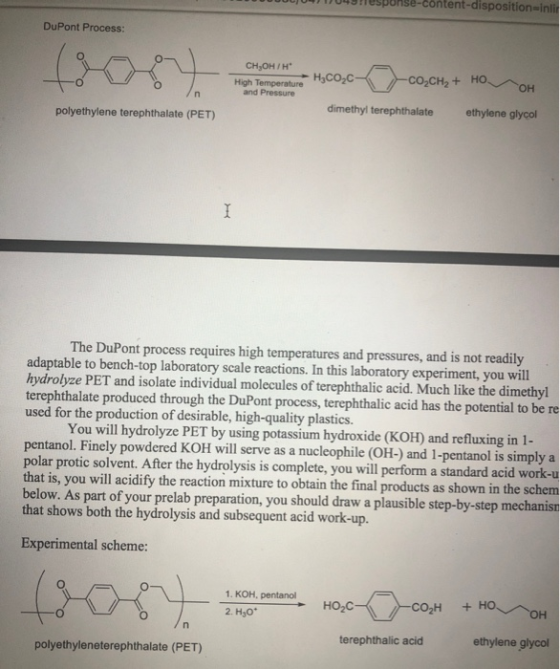 UUUUUUPULUHUSUSLU DuPont Process: CH,OH/H -- H.CO, c -cOCH + HOVOH High Temperature and Pressure dimethyl terephthalate ethyl