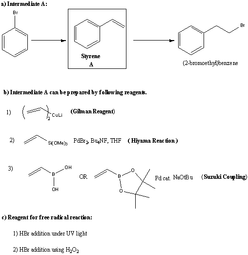 a) Intermediate A: Br Br Styrene (2-bromoethyl)benze ne A b) Intermed iate A can beprepared by following reagents. (Gilman Re