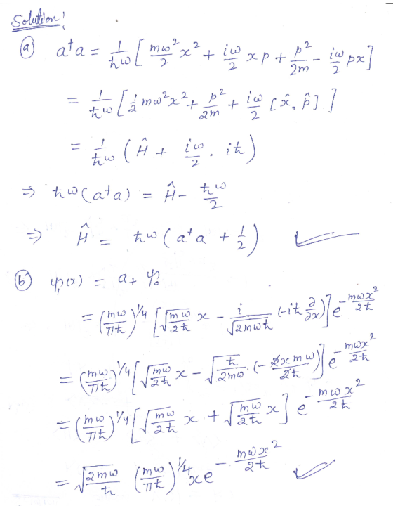 solution @ ata = 1 2 2 mwa x + i w h w įw рх 2 .pt 2 2m mw22 2 ط tw н iw it tw & ħw cata) À I to 11 2 → ħw (at at 1 ) = 2 (b