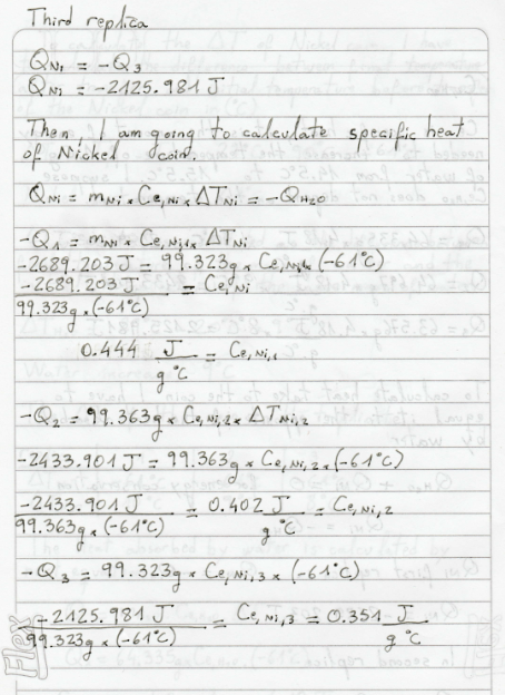 Third replica QN, = -Q3 QNI -2425.984J Then, I am going to calculate specific hea of Nicked doindo Quoi = mwie Ce, Ni s ATNI