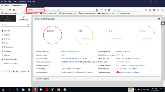 Eile Edit View History Bookmarks Tools Help Webmin 1.900 on madhav-Virt X + BL ABP R 192.168.43.239.10000 sysinfo.cgi?xnaviga