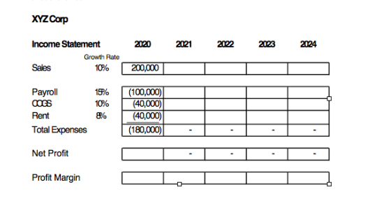 XYZ Corp Income Statement 10% 2021 2022 2023 2024 Growth Rate 2020 20,000 Sales 15% 10% F Payroll COGS Rent Total Expenses 8%