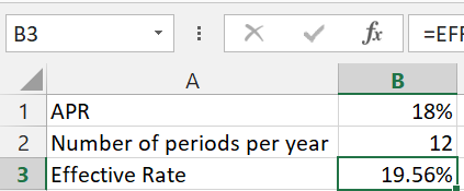EF X Вз В 1 APR 18% 2 Number of periods per year 3 Effective Rate 12 19.56%