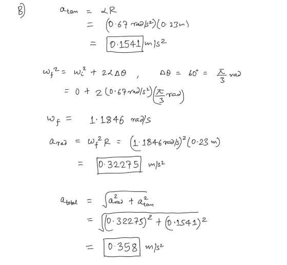 atan 2R 0.67 rad/52) (0.23m) = 2 - 0.1541 m/s2 AO = 60° ī rad wg²= w?? + 22AO = 0 + 2 (0:69 madlsrad) WF = 1.1846 radls 11 Ar