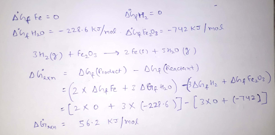 sho Fe=0 shart=0 she H2O = - 228.6 kJ/mol. nec ro/mol the FesOq = -742 KJ/mol 3H₂(g) + Fe₂O3 2 fe (s) + 3H20 (8) Dhexe = Dap