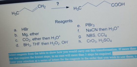 ? CH2 COOH H₃C H3C a. Reagents HBr b. Mg, ether C. CO2, ether then H307 d. BH3, THF then H2O2, OH e. PBr3 f. NaCN then H30* g