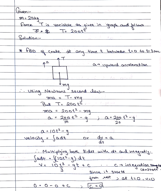 [ Given: m= 20kg force Tis variable as Iz & T= 200t2 Solution: given in graph and follows * FBD of Crate at any time t betwee